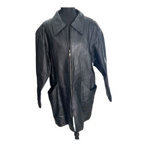 Donna Pelle Black Genuine Leather Jacket Longline Women's Trench Coat Size Large